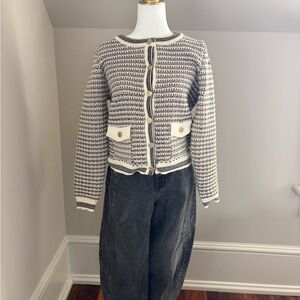 Nanette Lepore Cream and Black Textured Button Cardigan